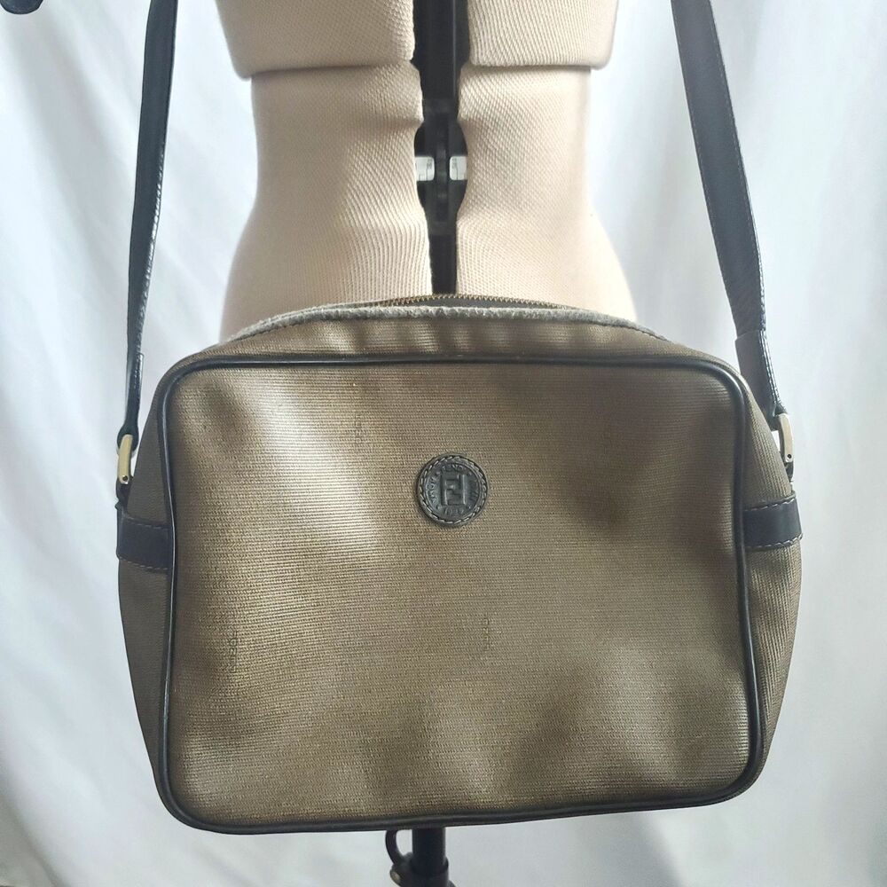 Vintage Fendi Crossbody Bag Medium Brown Canvas Leather Medallion Logo Authentic